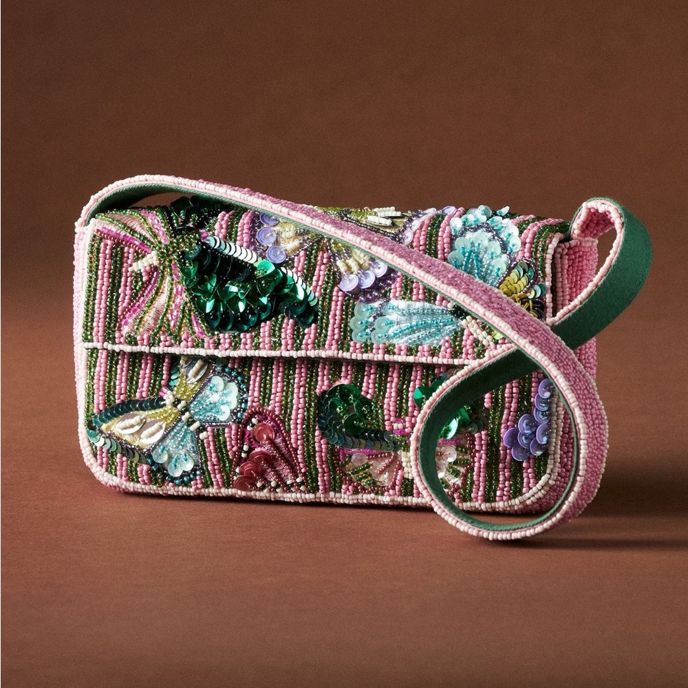 NWT Anthropologie The Fiona Beaded Bag in Pink Butterfly Editon